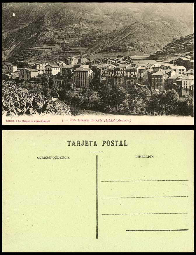 Andorra c.1930 Old Postcard San Julia General View Panorama, Mountains Buildings