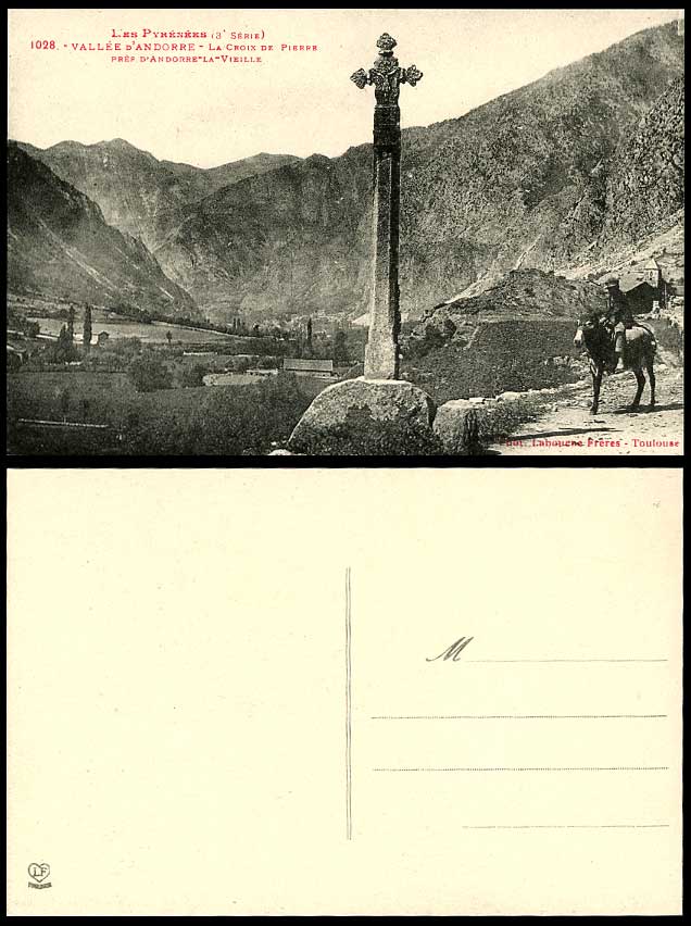 Andorra Old Postcard La Croix de Pierre, Prayer's Cross, Donkey Rider, Mountains