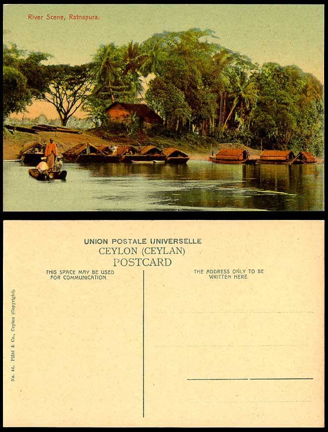 Ceylon Old Colour Postcard River Scene Ratnapura Native Sampans Boats Palm Trees