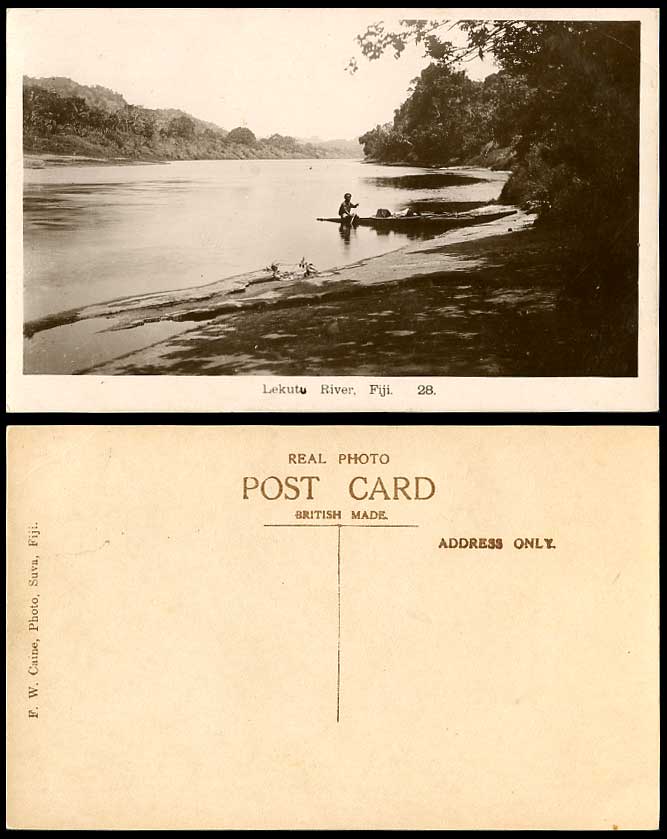 Fiji Old Real Photo Postcard Lekutu River Scene Native Man Rowing Boat Canoe 28.