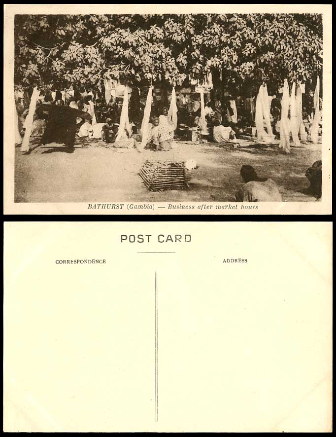 GAMBIA Old Postcard Bathurst Business after Market Hours, Natives Resting Banjul