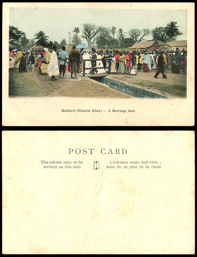 Gambia River, Bathurst, A Marriage Feast Old Hand Tinted Postcard Bridge, Banjul