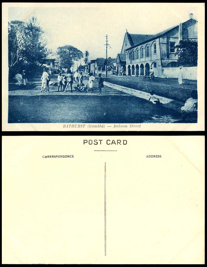 GAMBIA Old Postcard Bathurst Dobson Street Scene Children Boys & Cyclist, Banjul