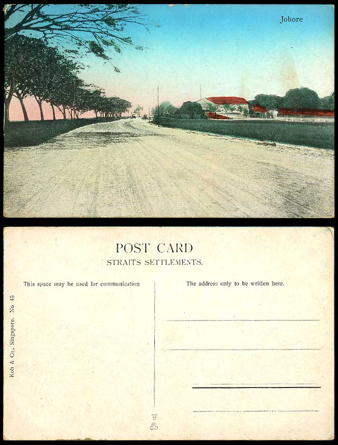 Johore Old Hand Tinted Postcard Street Scene, Sunset, Straits Settlements Malaya