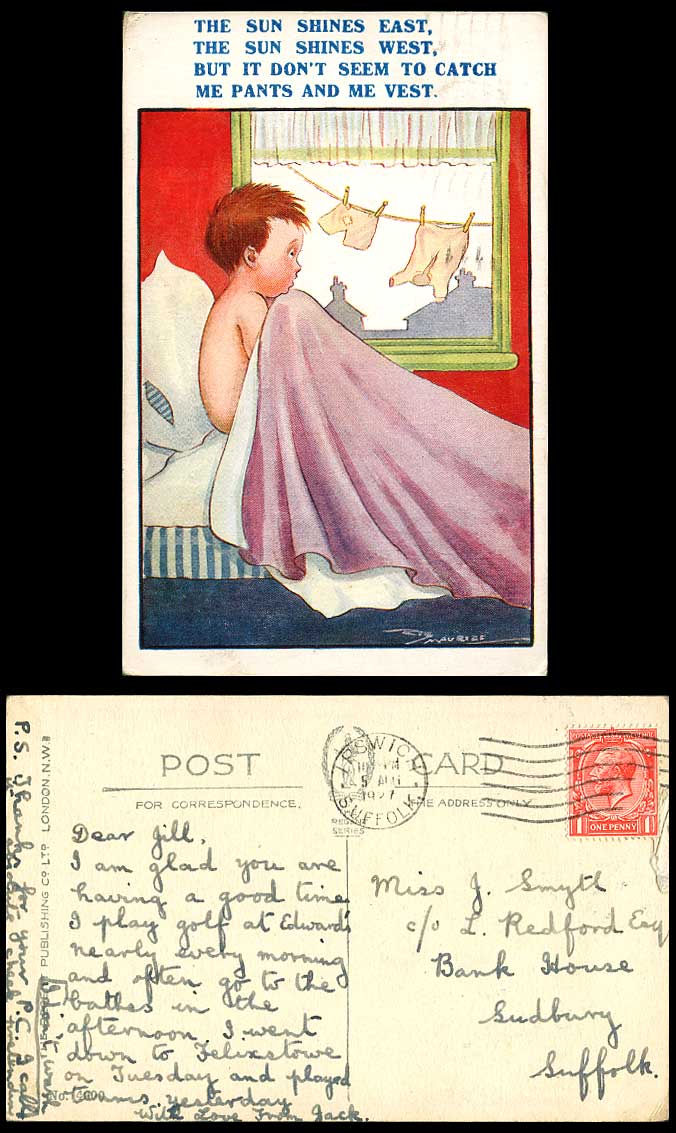Reg Maurice 1927 Old Postcard Sun Shines East West But Not Catch me Pants & Vest
