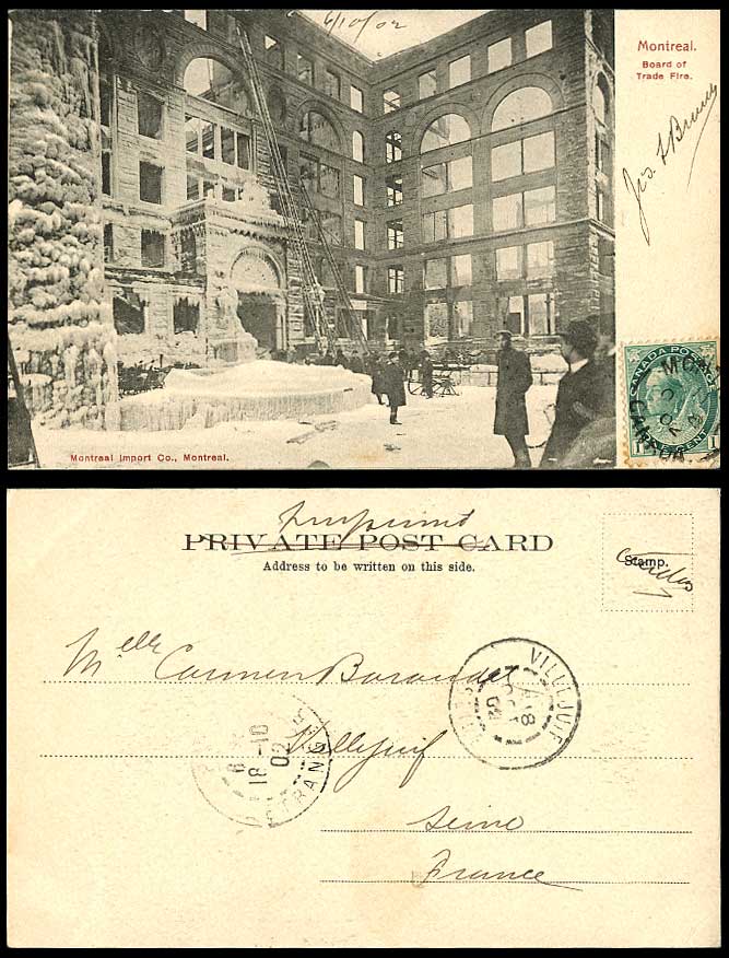 Canada QV 1c 1902 Old Postcard Montreal Board of Trade FIRE Firefighters in Snow