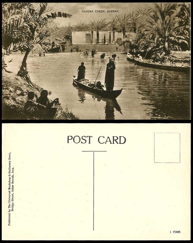 IRAQ Old Postcard Kandak Creek River Scene Basra Basrah, Boats Canoes Palm Trees