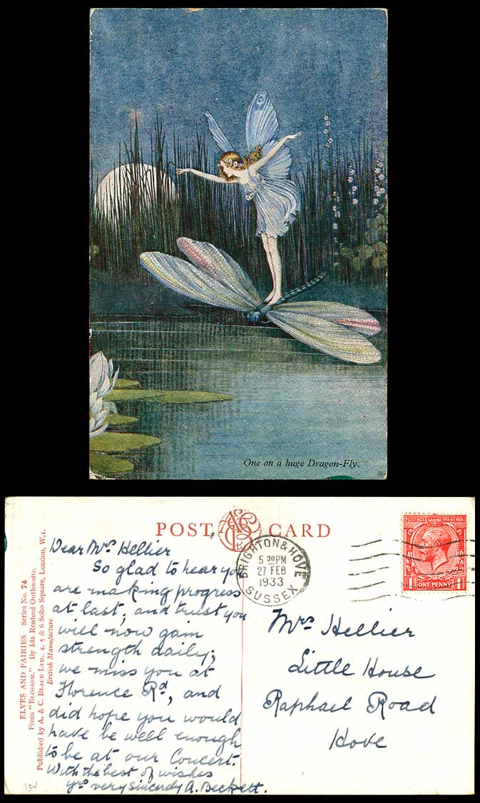 I Rentoul OUTHWAITE 1933 Old Postcard Fairy Girl on Dragon-Fly Dragonfly Blossom