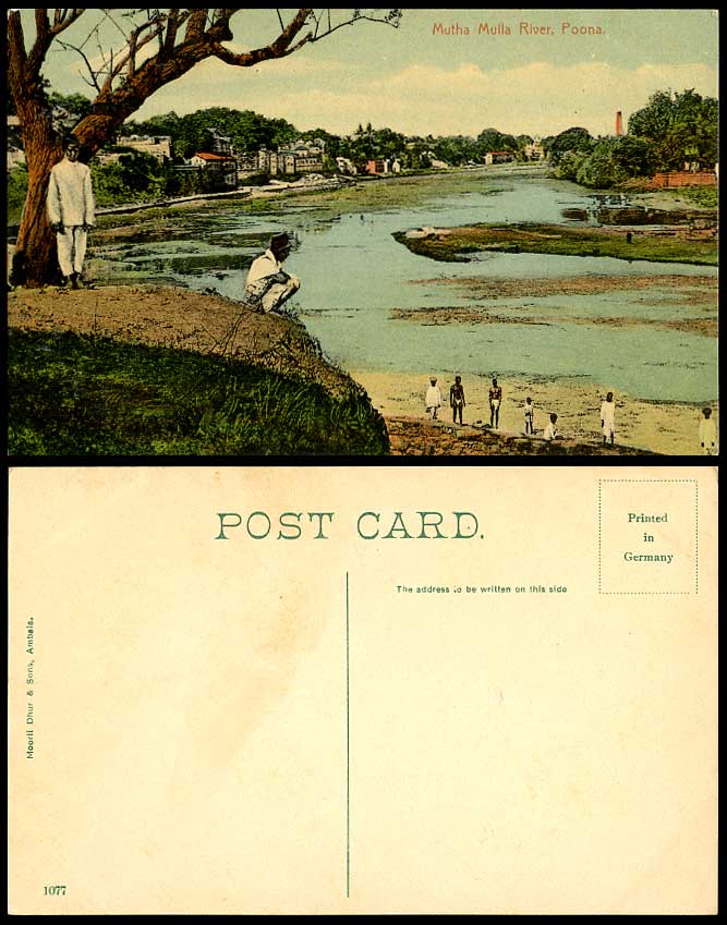 India Old Colour Postcard Mutha Mulla River Scene Poona Native Men Panorama 1077