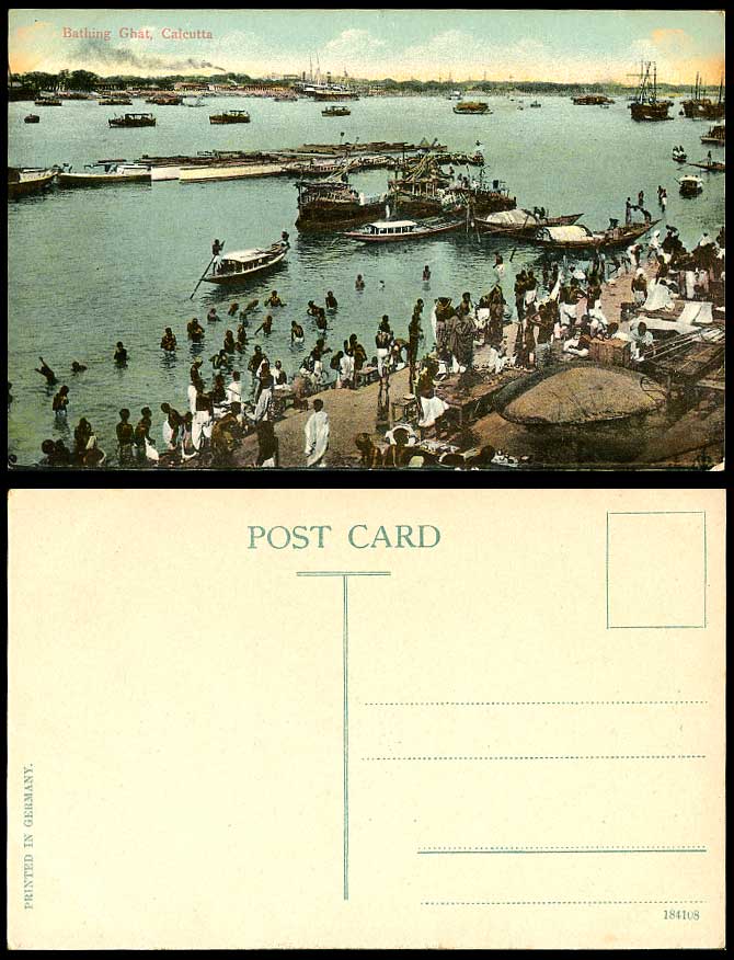 India Old Postcard HOOGHLY Bathing Ghat River Scene Calcutta Ships Boats Harbour