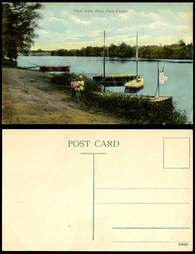 India Old Postcard Panorama View from BOAT CLUB POONA Native Boys Children Boats
