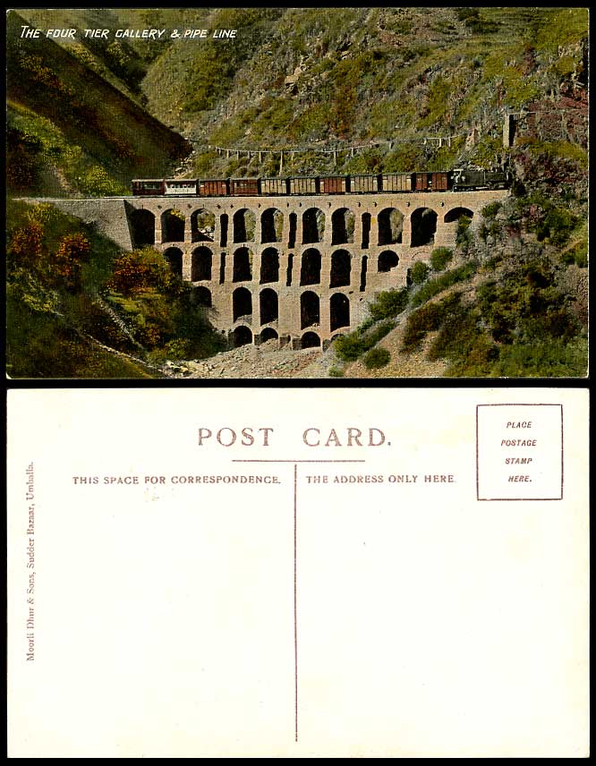 India Old Postcard The Four Tier Gallery & Pipe Line, Locomotive TRAIN on Bridge