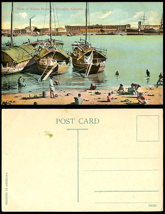 India Old Postcard View of Native Sampans Boats on HOOGHLY River Scene, Calcutta