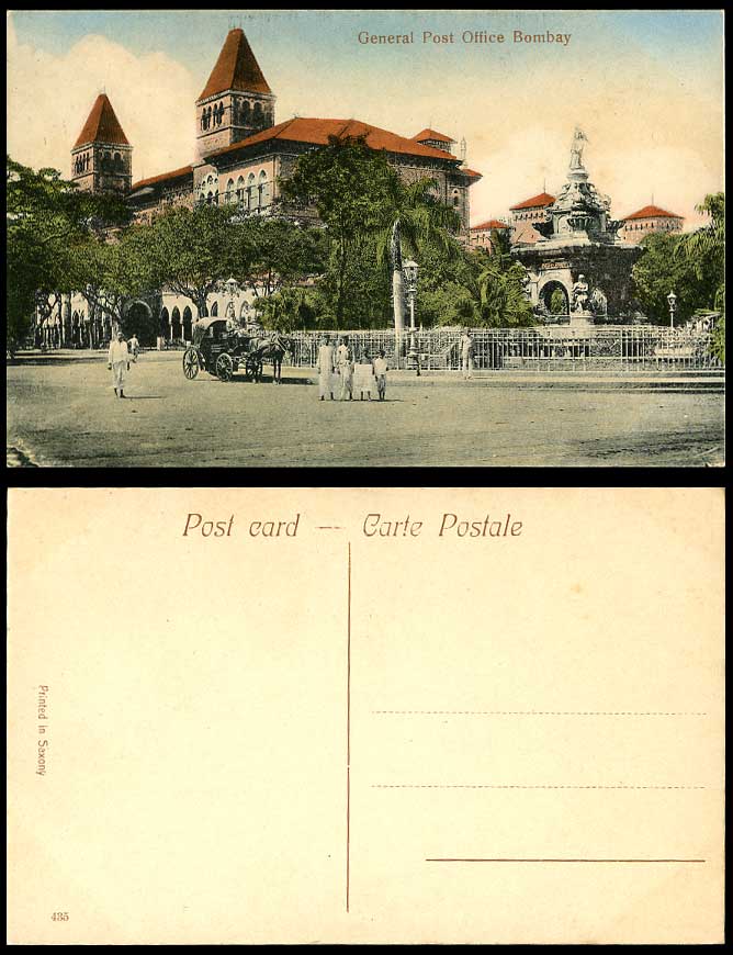 India Old Hand Tinted Postcard GENERAL POST OFFICE BOMBAY G.P.O. Statue & Street