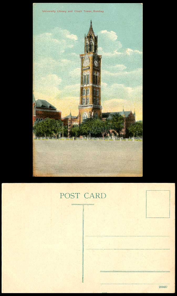 India Vintage Old Colour Postcard Bombay School University Library & Clock Tower