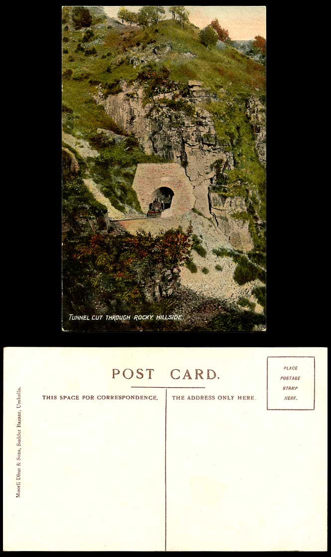India Old Colour Postcard Tunnel Cut Through Rocky Hillside & A Locomotive Train