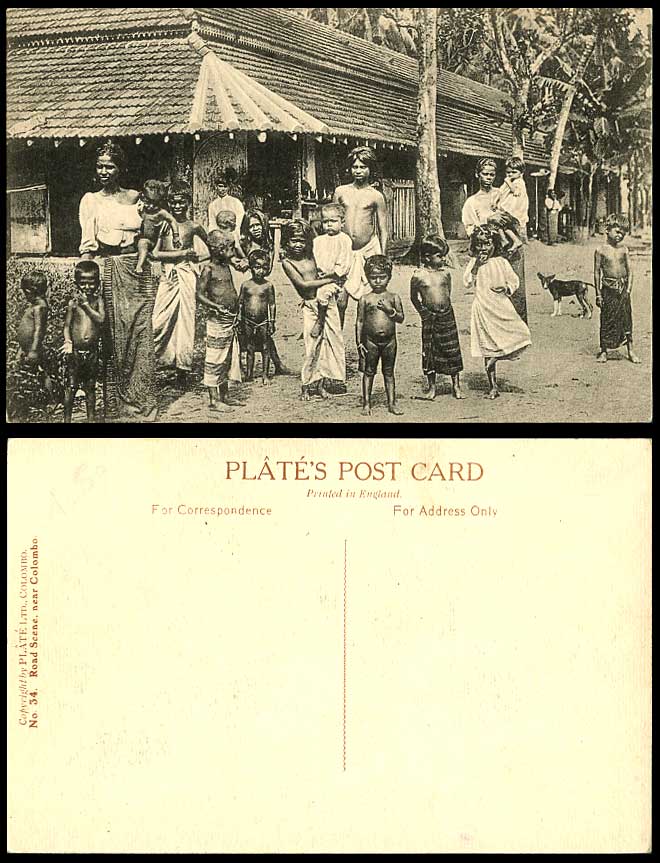 Ceylon Old Postcard Road Scene near Colombo Dog Puppy Children Native Boys, Girl
