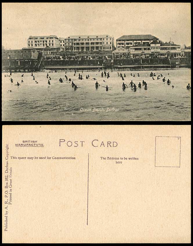 South Africa, Durban, Ocean Beach Old Postcard Bathers Bathing, Seaside Panorama