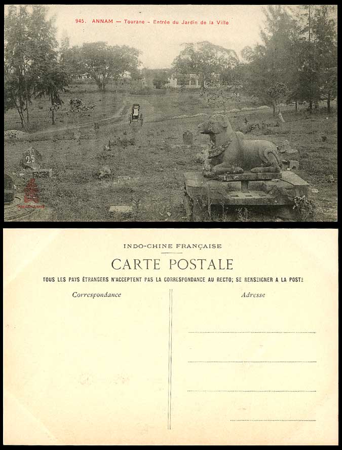 Indo-China Old Postcard Annam Tourane Entrance of City Garden, Rickshaw & Statue