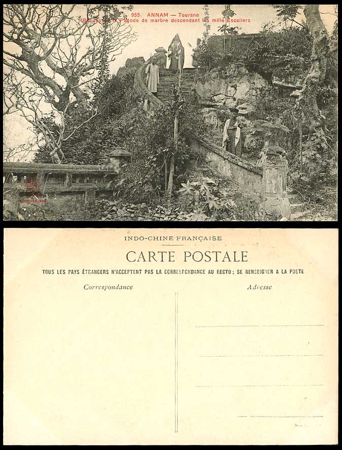 Indo-China Old Postcard Annam Tourane Monks, Marble Pagoda miles down the Stairs