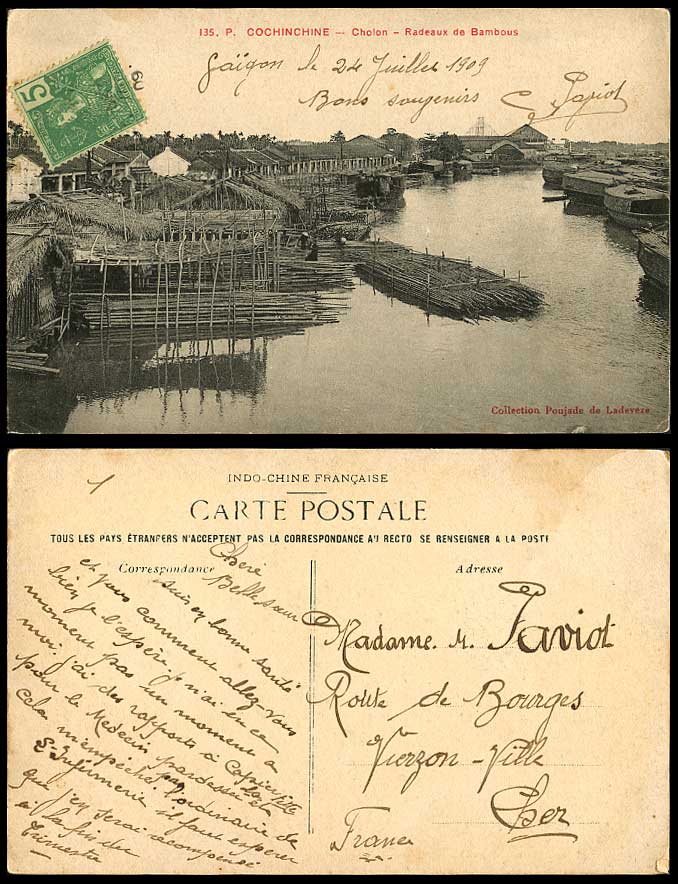 Indo-China 1909 Old Postcard Cochinchine Cholon Bamboo Rafts, Radeaux de Bambous
