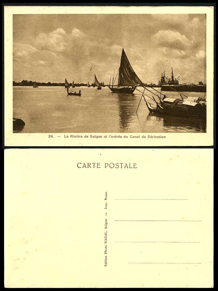 Indo-China Old Postcard Saigon River Scene Entrance to Canal de Derivation Boats