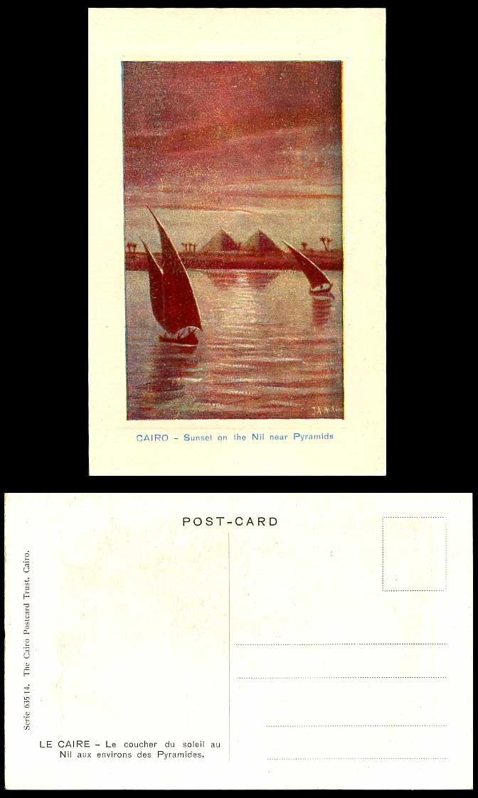 Egypt Old Postcard Cairo Sunset on Nil Nile nr Pyramids Giza Ghizeh J.A. Midiads