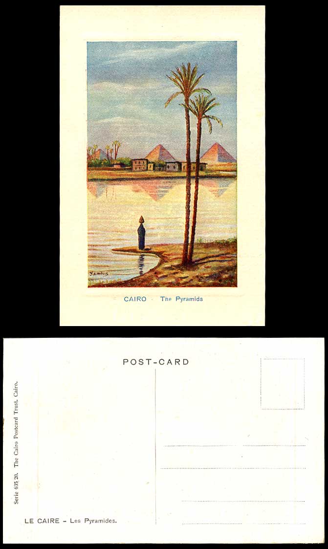 Egypt Old Colour Postcard Cairo The Pyramids Giza Palm Trees J.A. Midiads Artist