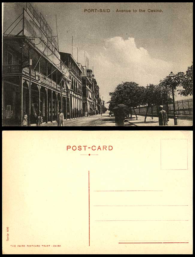 Egypt Old Postcard Port Said Avenue to The CASINO, Sign of Cinema & Street Scene