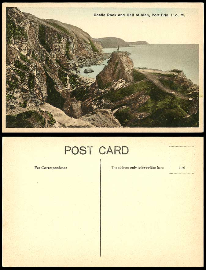 Isle of Man Old Hand Tinted Postcard Castle Rock & Calf of Man Port Erin, Cliffs