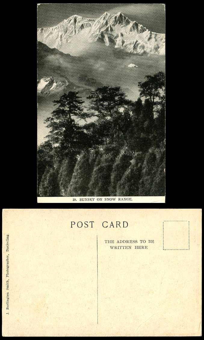 India Old Postcard Darjeeling Sunset on Snow Range, Snowy Mountains Trees Clouds