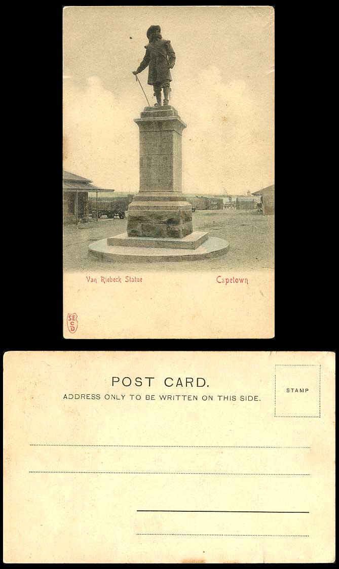 South Africa Old Hand Tinted U.B. Postcard Van Riebeck Statue Capetown Cape Town
