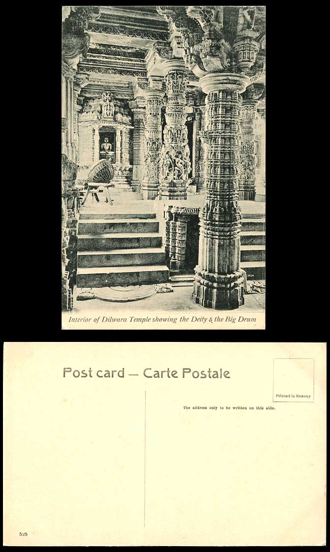 India Old Postcard DILWARA TEMPLE Interior Showing The Big Drum and Deity Statue