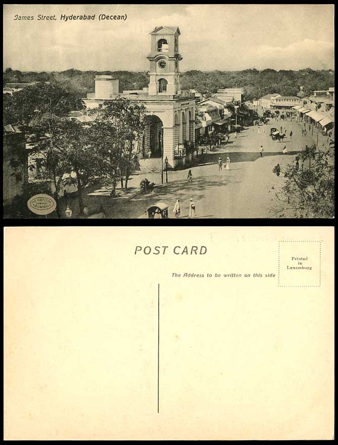 India Old Postcard James Street Scene, Clock Tower, Hyderabad Deccan Horse Carts