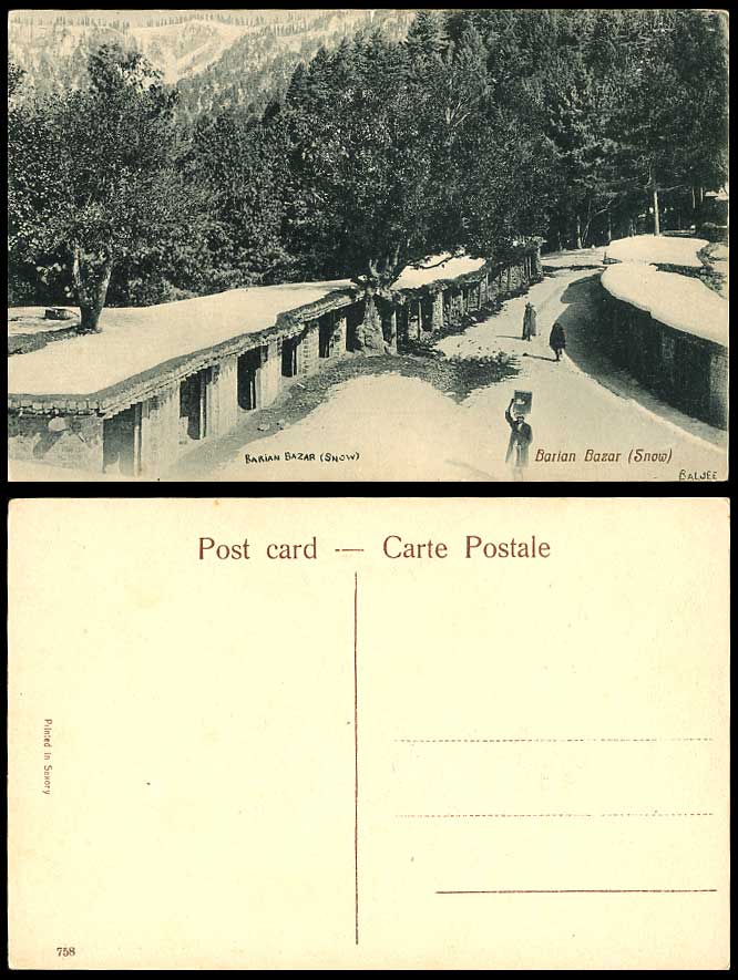 India Old Postcard BARIAN BAZAR, Winter Snowy Scene SNOW Coolie (British Indian)