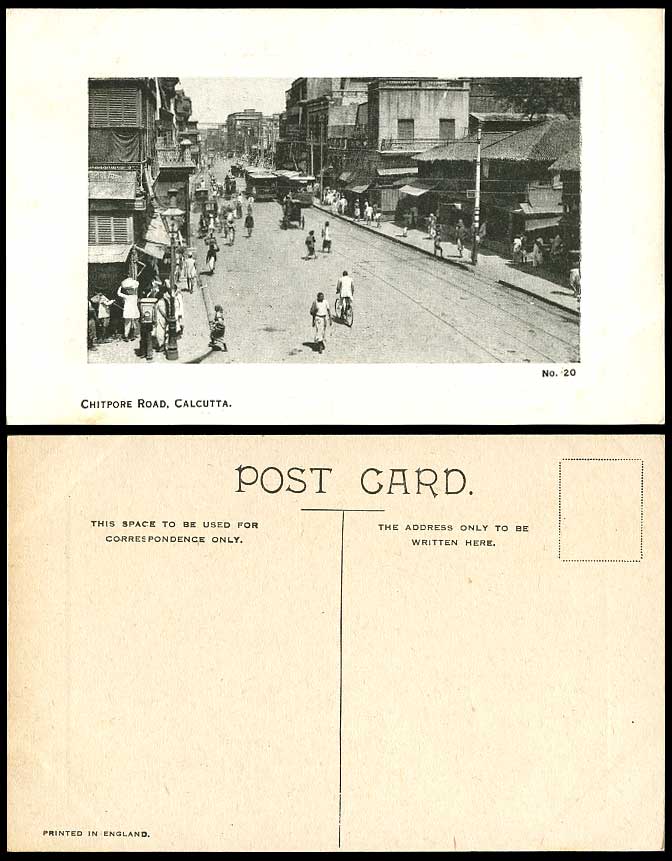 India Old Embossed Postcard CHITPORE ROAD Street Scene, Cyclist & TRAM, Calcutta