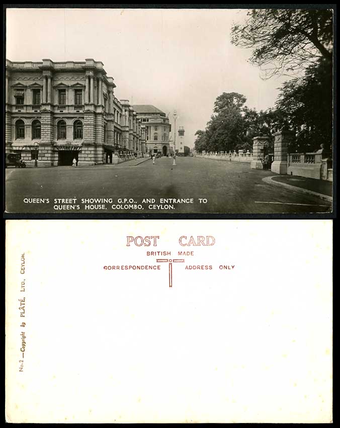 Ceylon Old R.P. Postcard Queen's Street G.P.O. Entrance to Queen's House Colombo