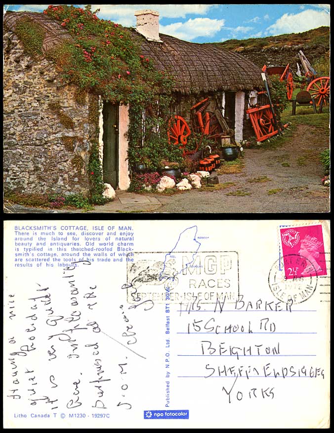 Isle of Man 1972 Postcard BLACKSMITH'S COTTAGE Thatched, Motorcycling, MGP Races