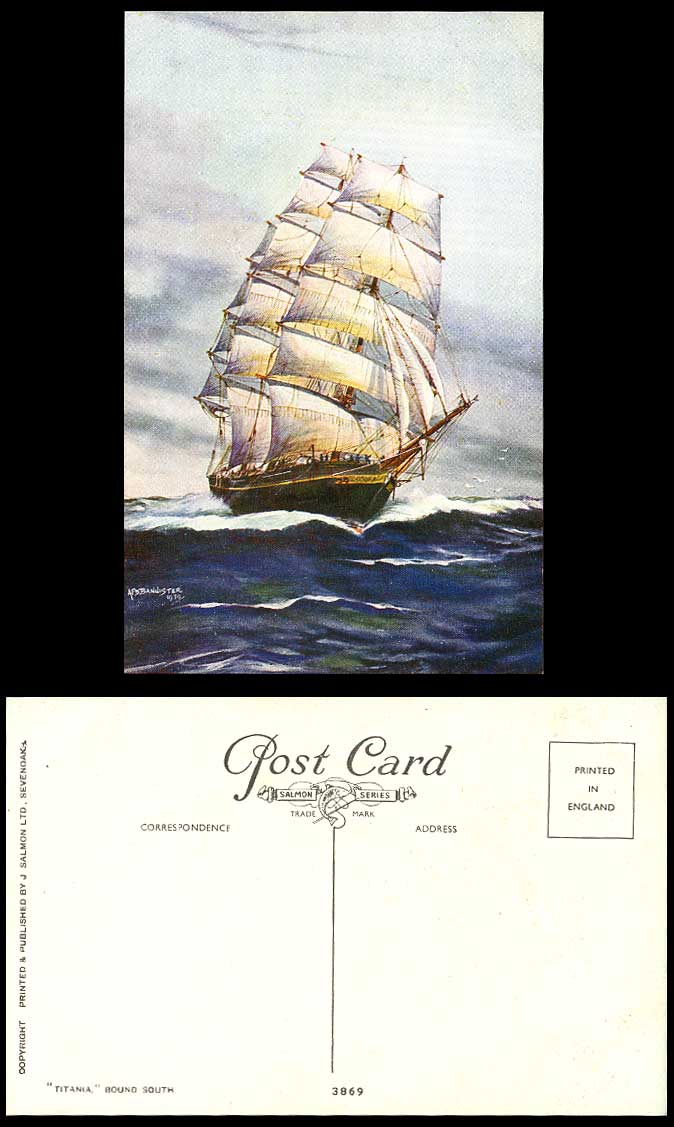 Titania Bound South Sailing Vessel Schooner by A.F.D Bannister 1930 Old Postcard