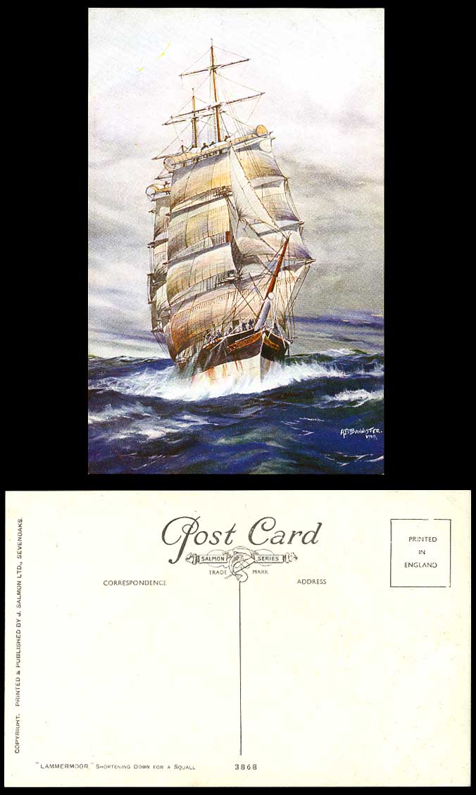 Lammermoor Shorten Down for Squall, Sailing Boat AFD Bannister 1930 Old Postcard