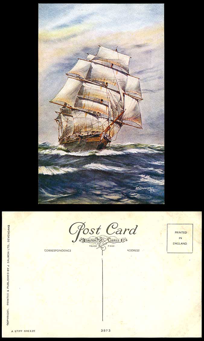 A Stiff Breeze Sailing Vessel Boat Schooner by A.F.D Bannister 1930 Old Postcard