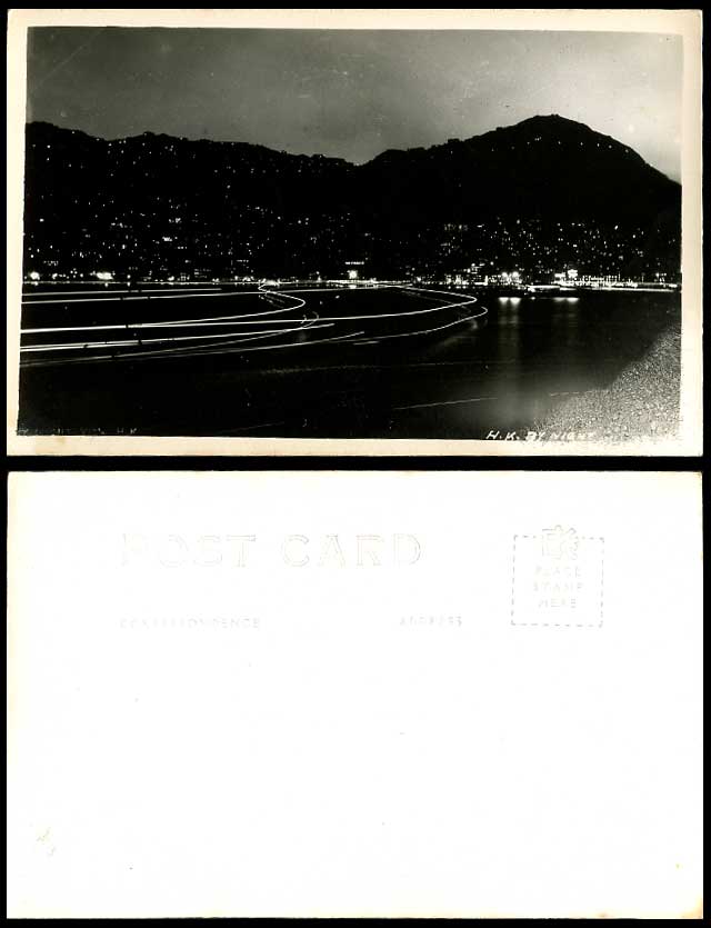 Hong Kong H.K. by Night Illuminations Mountains Harbour Old Real Photo Postcard