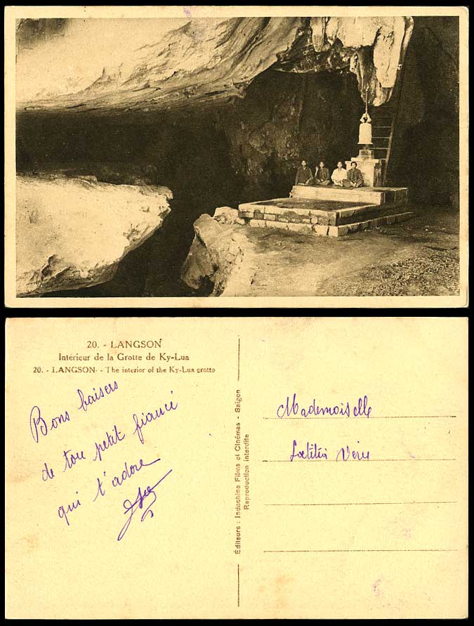 Indo-China Old Postcard Tonkin LANGSON Ky-Lua Grotto Interior Bell Cave Natives