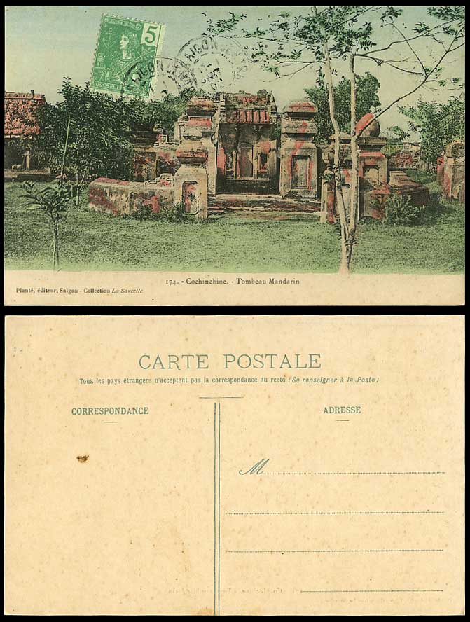 Indo-China 5c 1908 Old Hand Tinted Postcard Cochinchine - Tomb Tombeau Mandarin