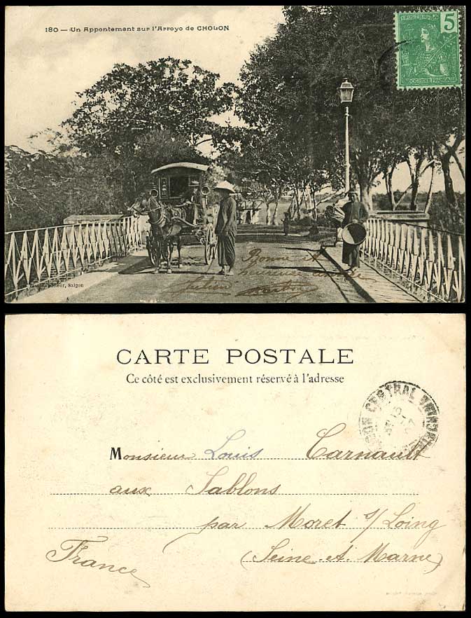 Indo-China 1907 Old U.B. Postcard CHOLON Arroyo Bridge Horse Carriage Wagon Cart
