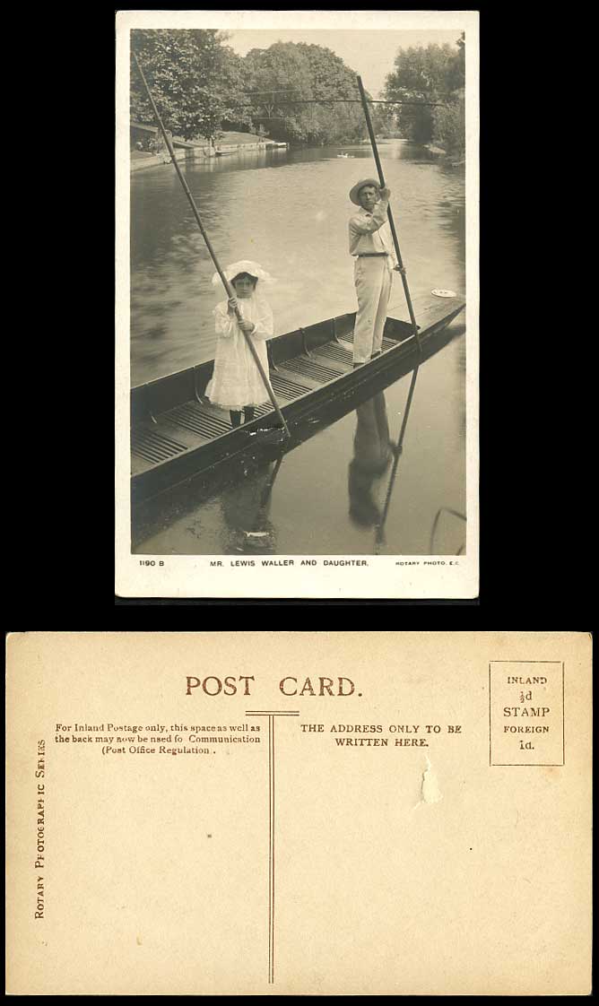 Actor Mr. Lewis Waller and Daughter Punting Boat Bridge River Scene Old Postcard
