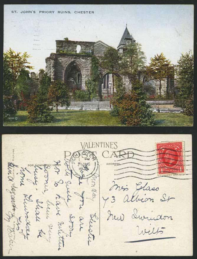 Cheshire Chester St. John's Priory Ruins 1935 Old Colour Postcard Church