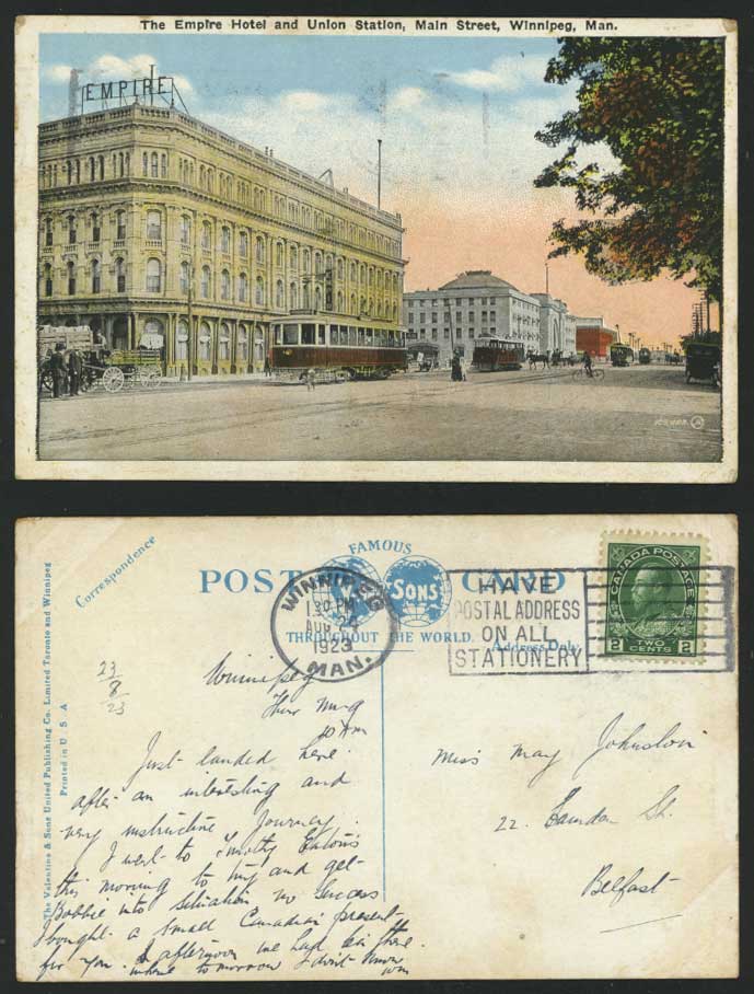 Winnipeg 1923 Old Postcard Empire Hotel Union Station Tram Railway Train Station
