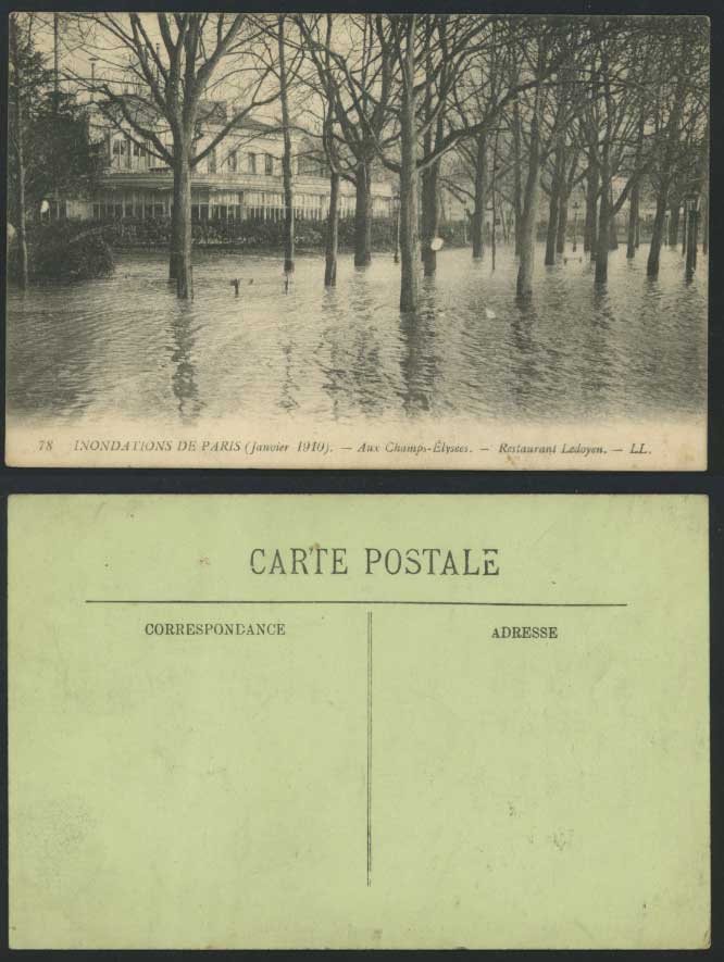 PARIS FLOOD 1910 Postcard Restaurant Ledoyen L.L.No. 78
