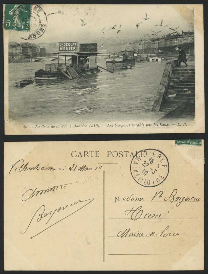 SAONE FLOOD 1910 Postcard Bas-Ports, Bridge Birds Boats